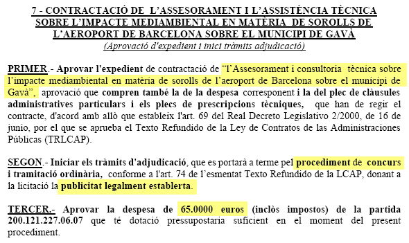Extracte de l'acta de la Junta de Govern Local de l'Ajuntament de Gavà on s'ha aprovat l'expedient de contractació de l'Assessorament i consultoria tècnica sobre l'impacte mediambiental en matèria de sorolls de l'aeroport de Barcelona sobre el municipi de Gavà (27 de Febrer de 2007)